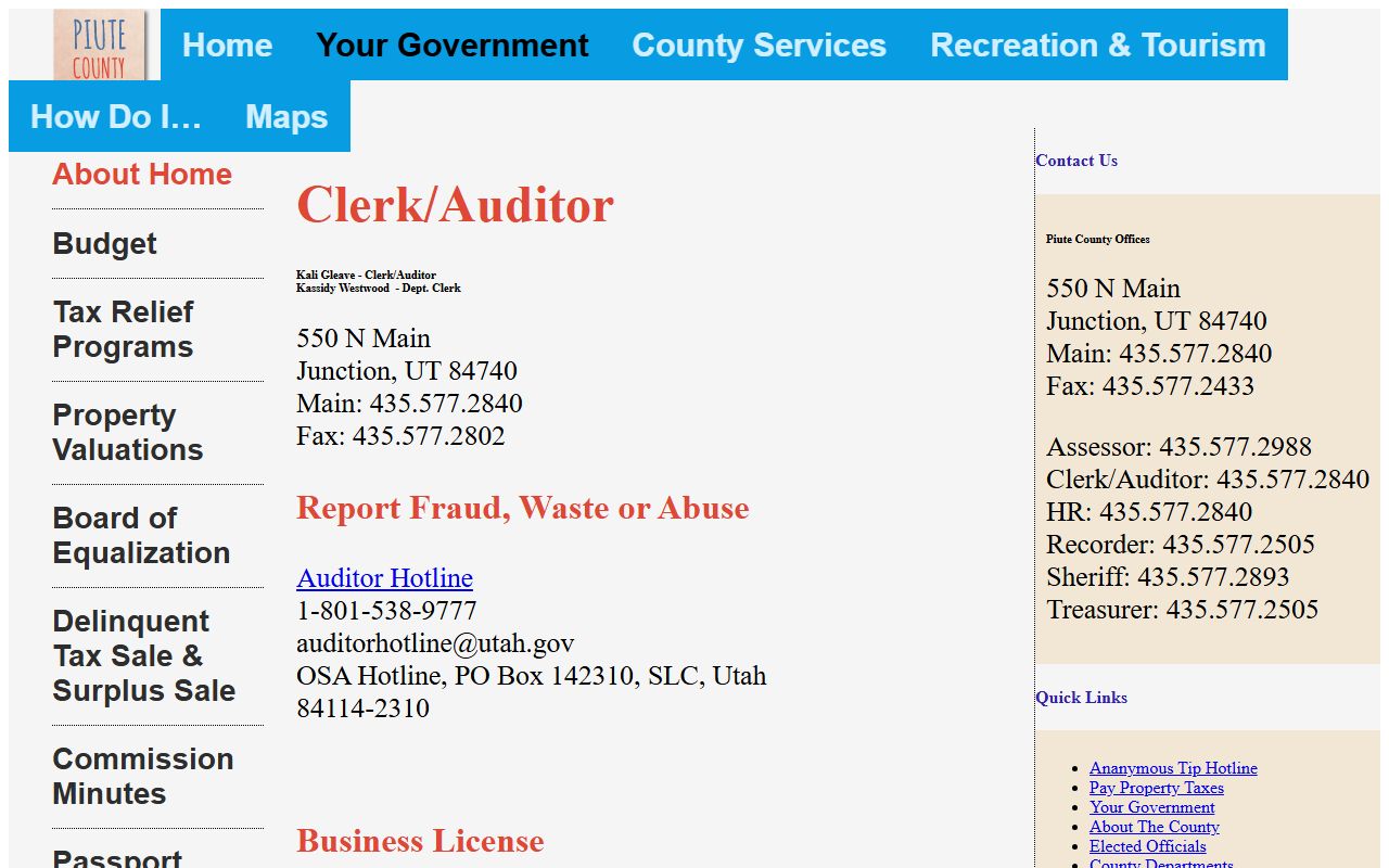 piute county probate court records clerk auditor official page junction utah