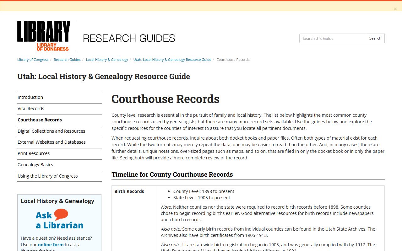 Library of Congress Utah courthouse records guide for probate research