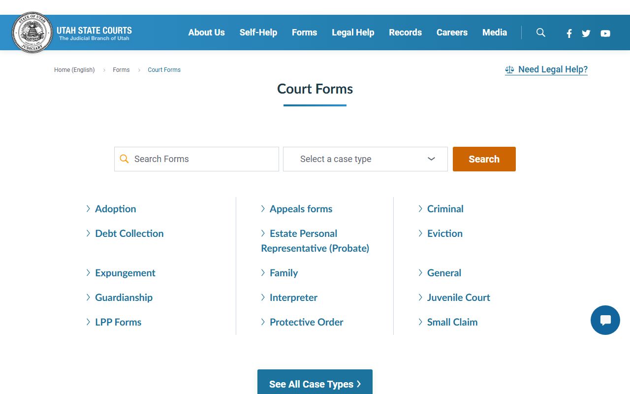 Utah State Courts forms page for probate court records