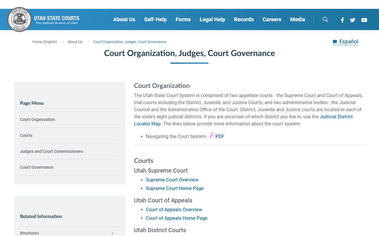 Utah State Courts district court system page showing probate court records jurisdiction